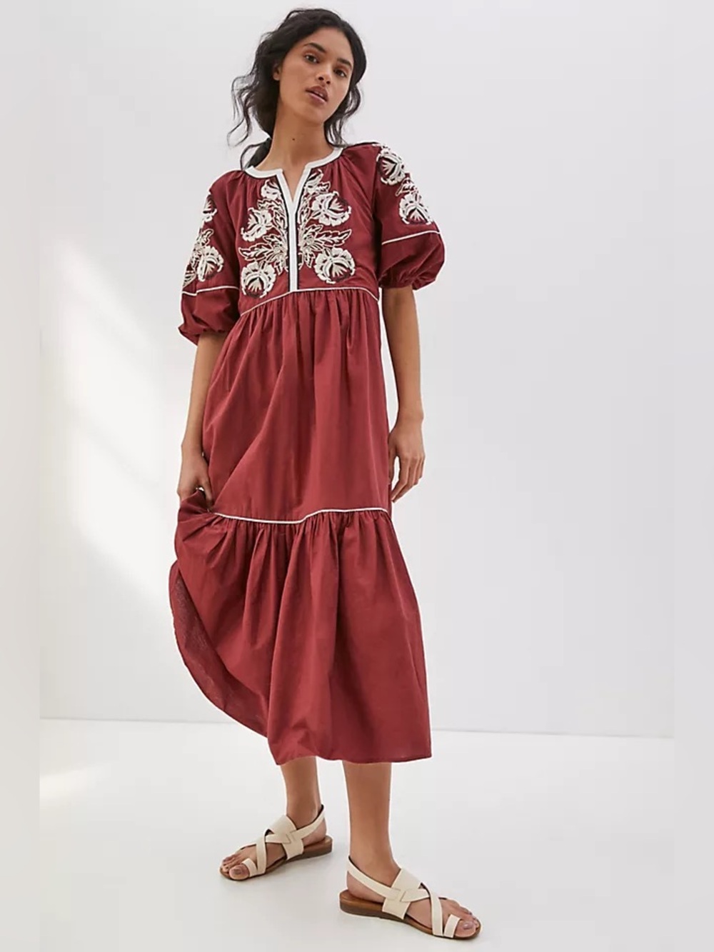 Anthropologie Gretel Embroidered Tiered Maxi Dress Size LP Fall Boho Peasant